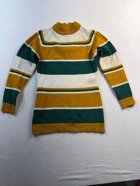 Vintage Mock Turtleneck Tunic Length Sweater, Green/Mustard Stripe